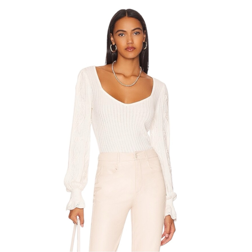 New PAIGE Ivory Europa Cable Knit Cotton Silk Ribbed Sweater Blouse Medium